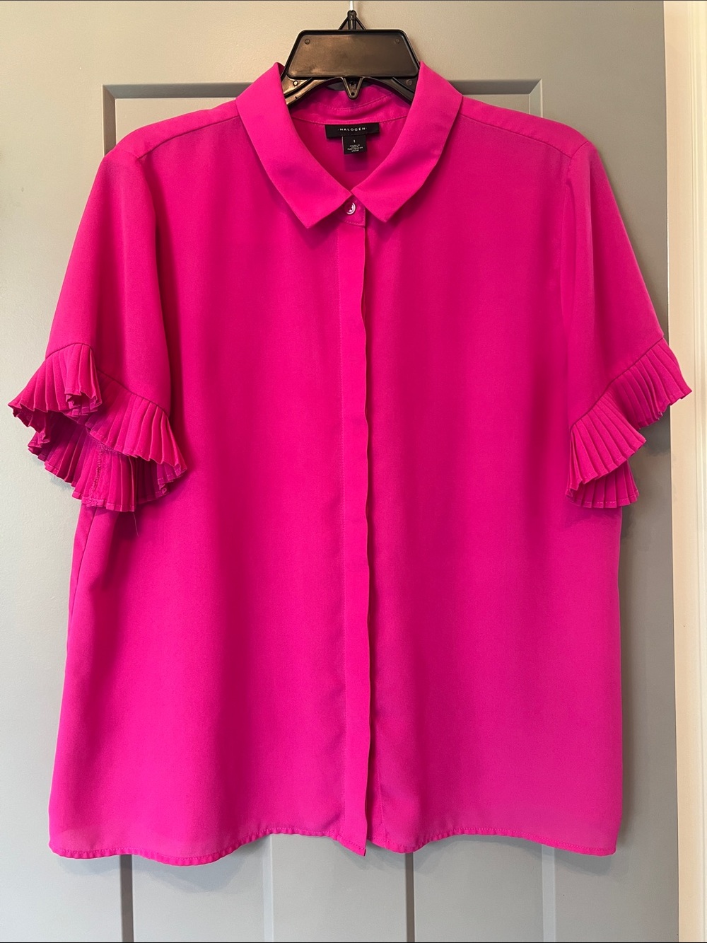Halogen Bright Fuchsia Ruffle Sleeve Button-Front Blouse Size 1 (Large 12/14)